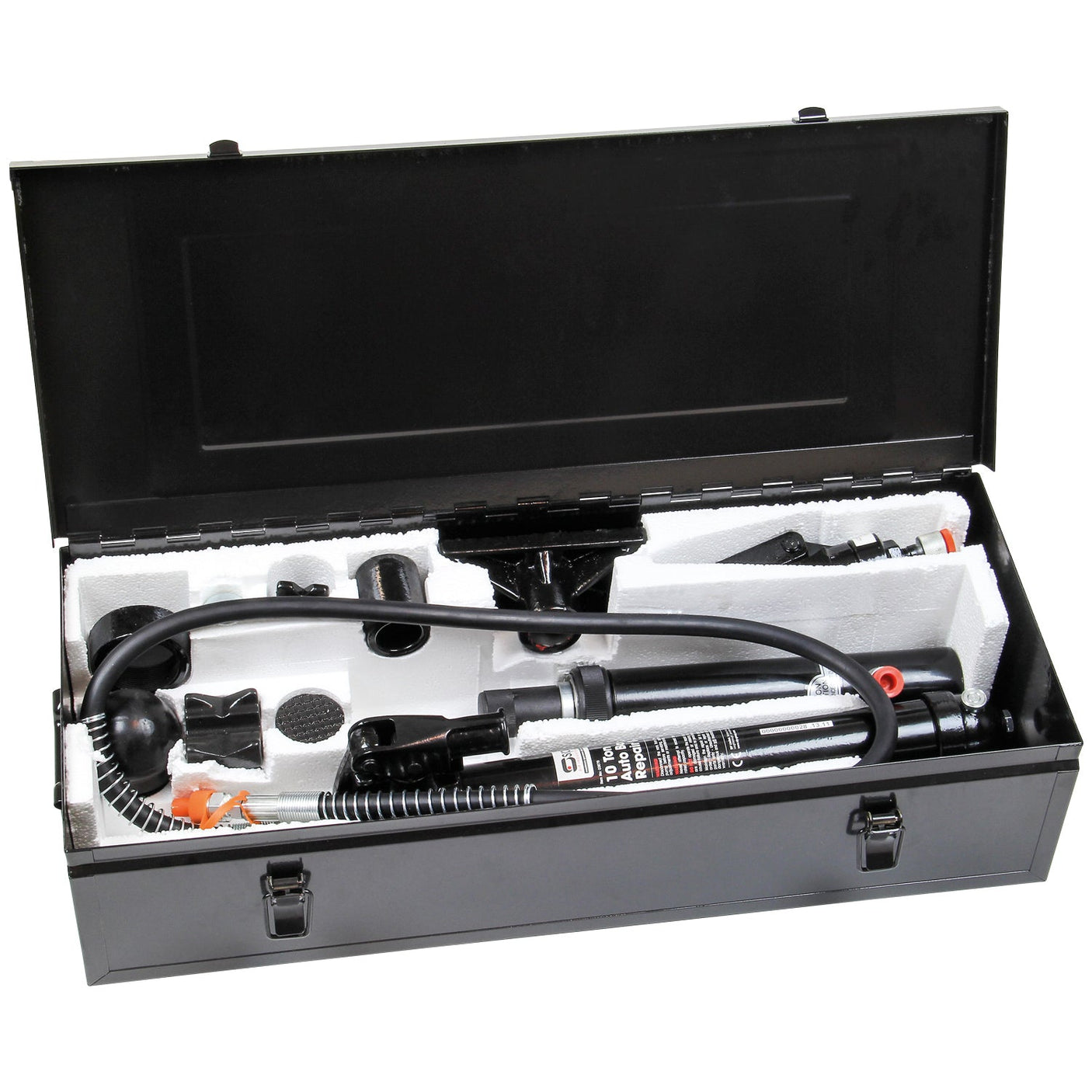 A black metal case from SIP, containing the SIP - 10 TON Auto Body Repair Kit (Model: SIP-03679), featuring a hydraulic pump, hose, and various attachments organized in foam compartments. Highlights include a heavy-duty polished ram and cylinder for robust performance.