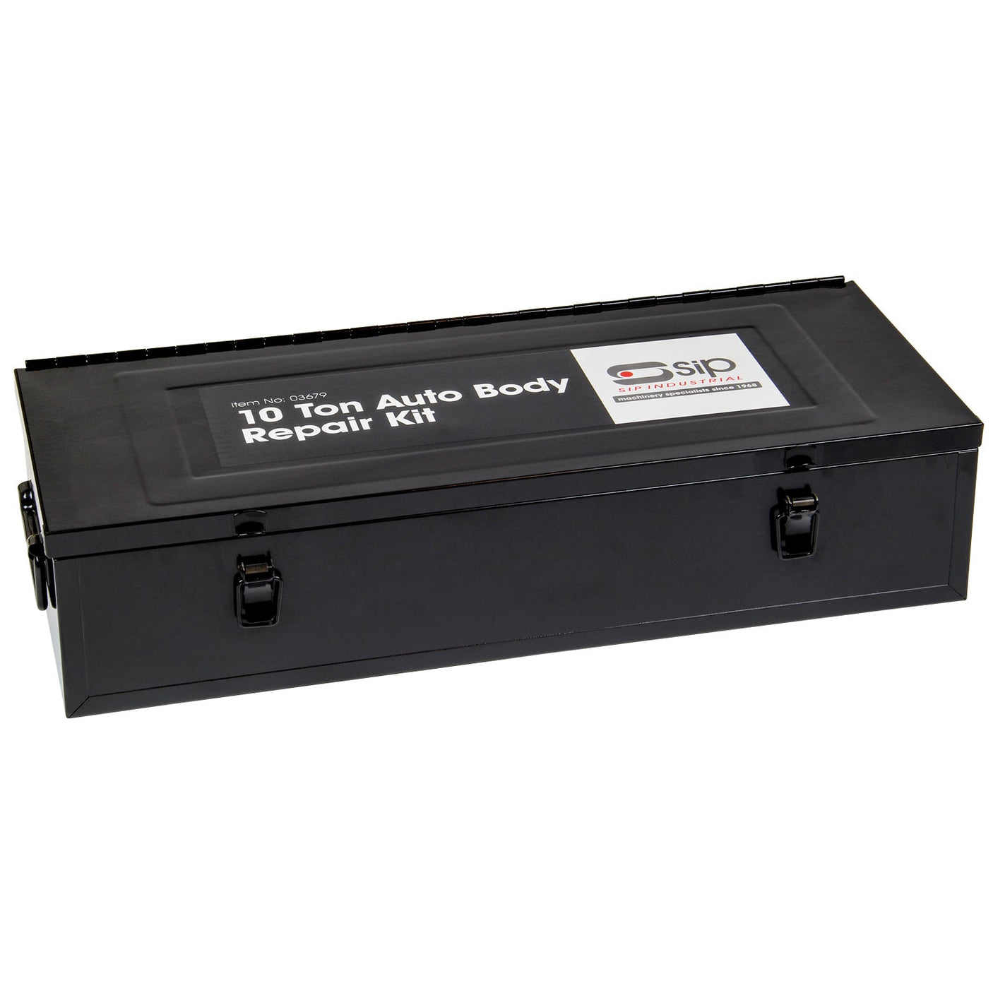 Black metal toolbox labeled "SIP - 10 TON Auto Body Repair Kit - SIP-03679" featuring a heavy-duty polished ram and cylinder, with two metal clasps and a handle on the front.