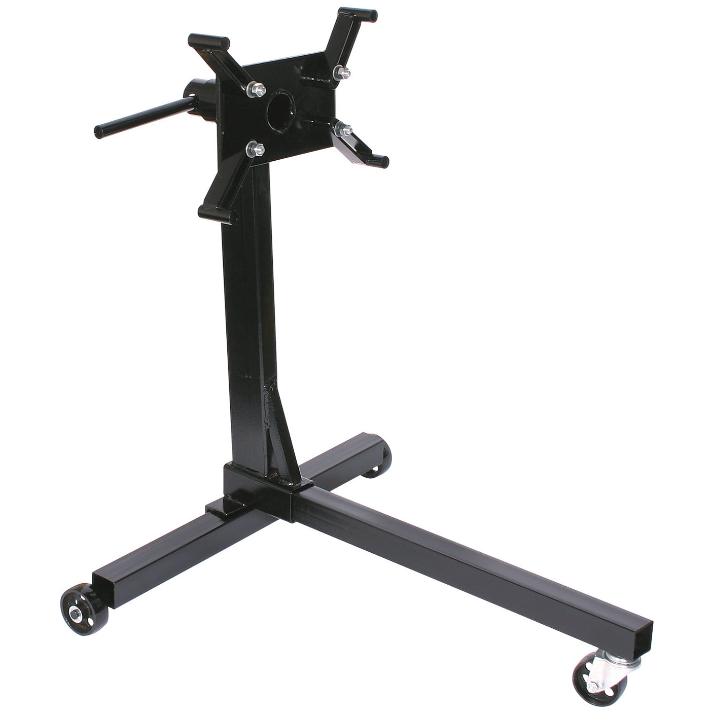 The SIP 750lb Engine Stand (Model SIP-03681) by SIP is a black metal stand featuring a rectangular base with two fixed wheels and one swivel caster. It includes adjustable arms for securing an engine, and its 360° rotating stand ensures easy maneuverability during maintenance tasks.