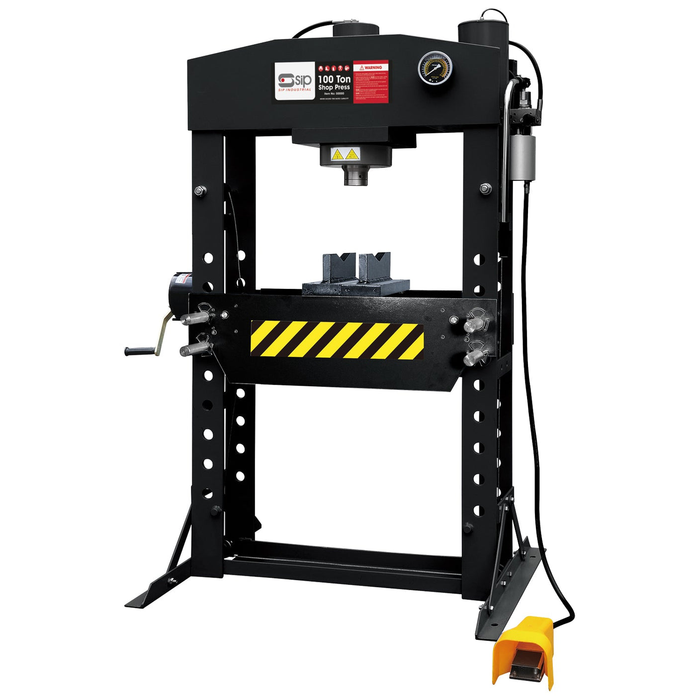 The SIP - 100 TON Shop Floor Press (SIP-03686) from SIP is an industrial hydraulic workshop press with a heavy-duty steel frame, featuring a 100-ton capacity, an adjustable workbed, manual hand crank, pressure gauge, and foot pedal for operation.