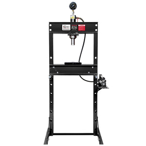 The SIP - 20 TON Shop Floor Press (Model: SIP-03689) by SIP features a black, heavy-duty steel frame and a pressure gauge on top. This manually-operated press includes multiple holes for adjustable height settings and a manual operating lever on the side.