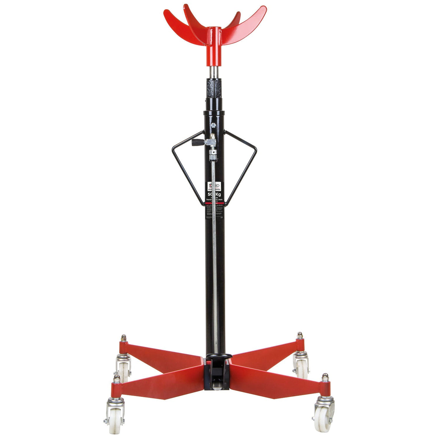 The SIP - 500kg Quick-Lift Transmission Jack - SIP-03690 by SIP is a red and black hydraulic jack with a 500kg capacity, equipped with a Quick-Lift system and a base on four caster wheels, designed for lifting automotive transmissions.