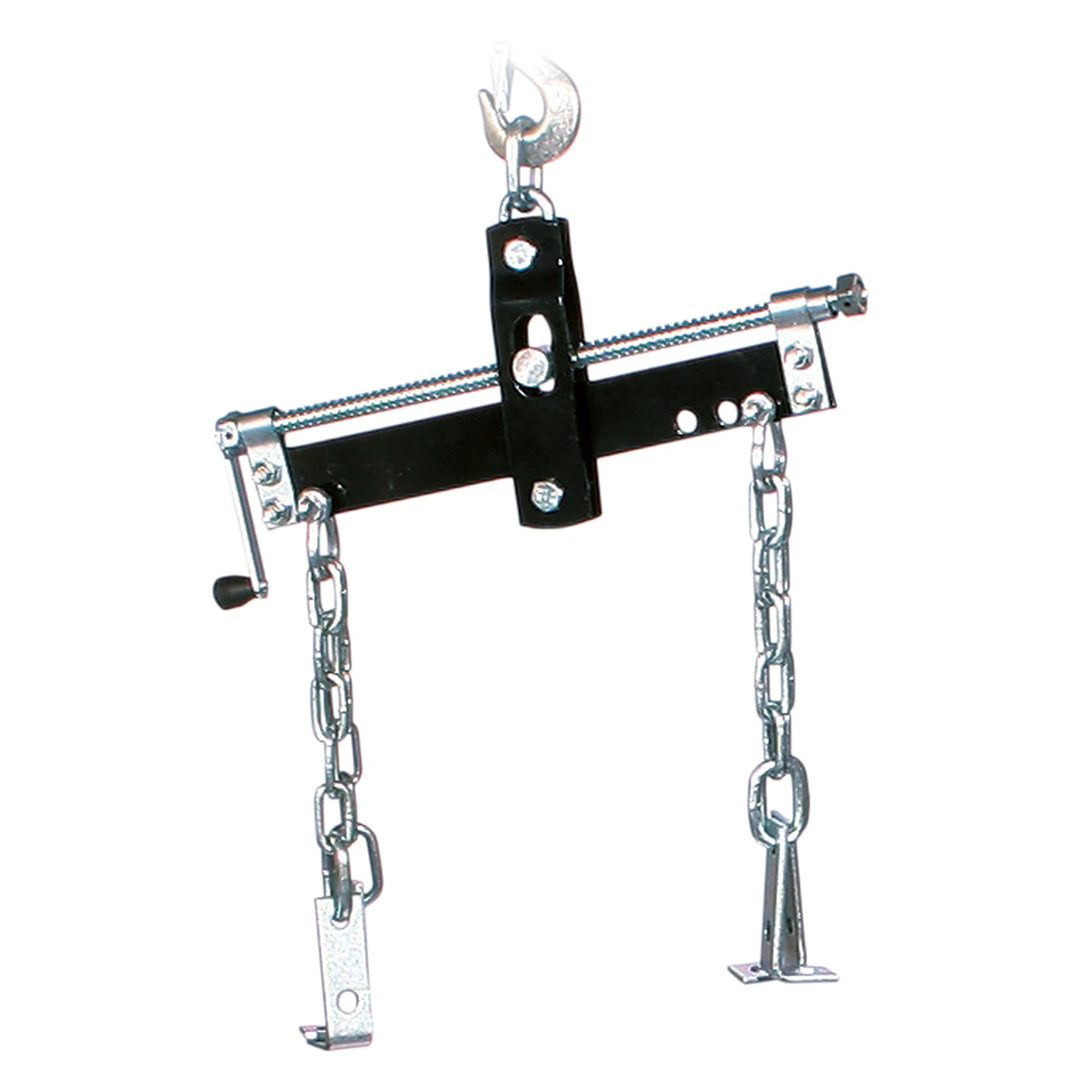 The SIP - Engine Leveller - SIP-03692 by SIP is a black and silver engine load leveler equipped with heavy-duty chains and hooks, specifically designed for hoisting engines using an engine crane.