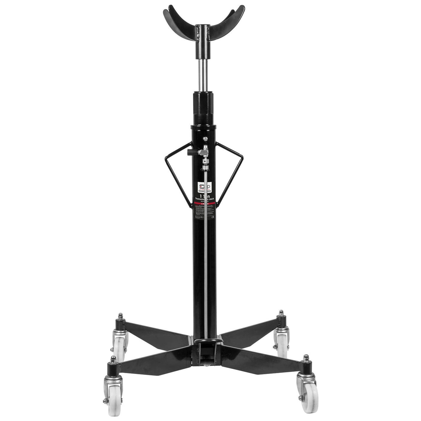 The SIP - 1 TON Transmission Jack w/ FREE Adaptor - SIP-03693 is a black jack featuring an adjustable lifting hydraulic lift and four swivel caster wheels for easy maneuverability, making it ideal for automotive garages.