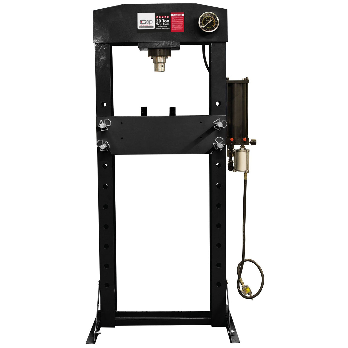 The SIP - 30 TON Shop Floor Press - SIP-03695 is a black, 30-ton hydraulic machine featuring a pressure gauge, an upper working beam, and a lower support table. Constructed with a heavy-duty steel frame, this press from SIP ensures durability and performance for demanding tasks.