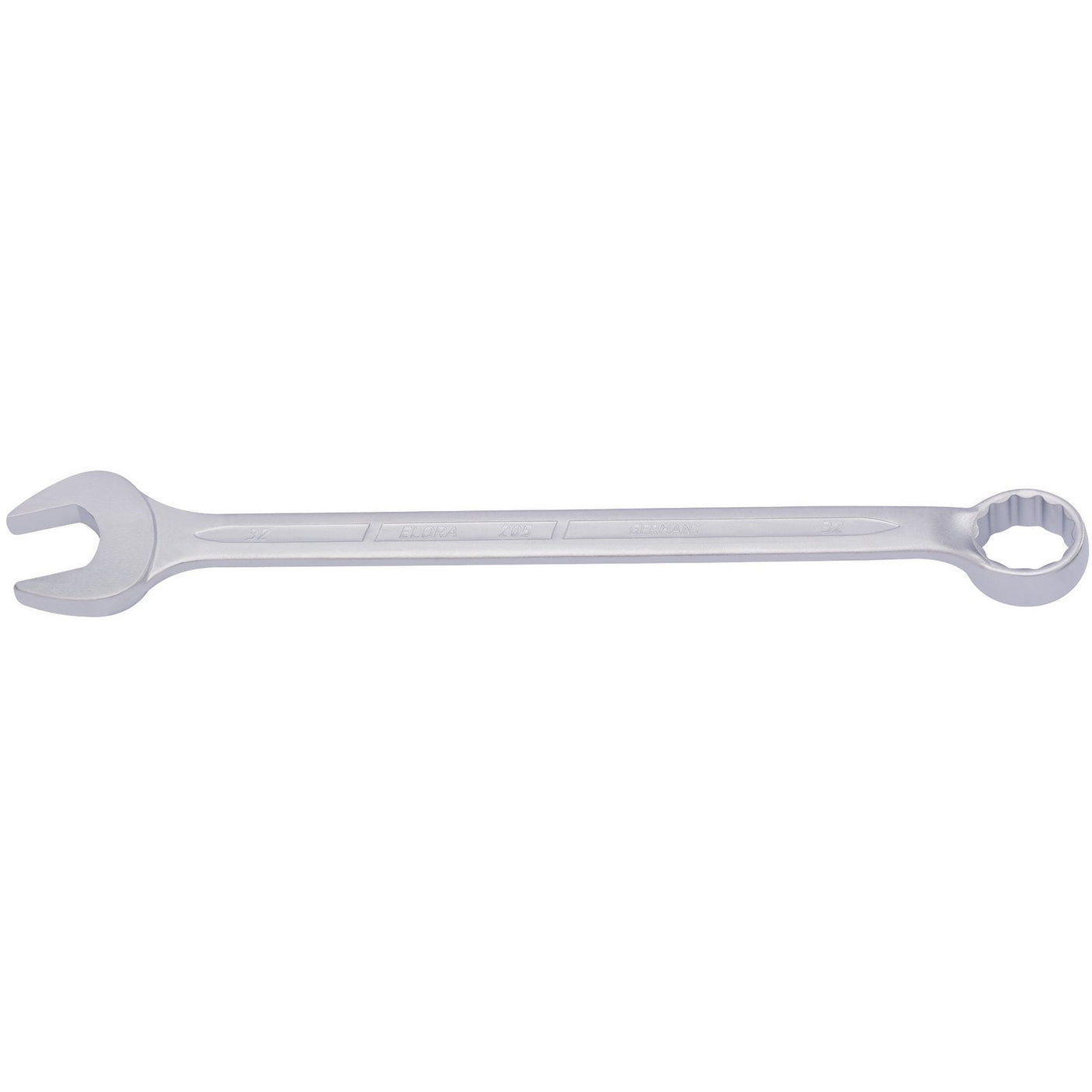 An image of the Draper Elora Long Combination Spanner, 32mm - 205-32, featuring an open-end on one side and a bi-hexagon ring on the other, crafted from durable chrome vanadium steel—perfect for tightening and loosening nuts and bolts.