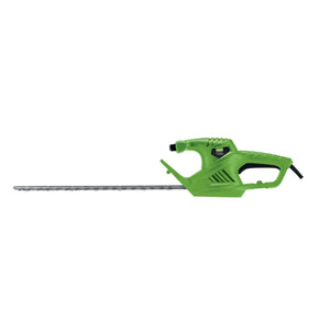 The Draper Storm Force® 230V Hedge Trimmer, 450mm, 500W - HT450 is a lightweight green electric hedge trimmer featuring a powerful 500W motor, a black power cord, and an extended double-action serrated cutting blade.