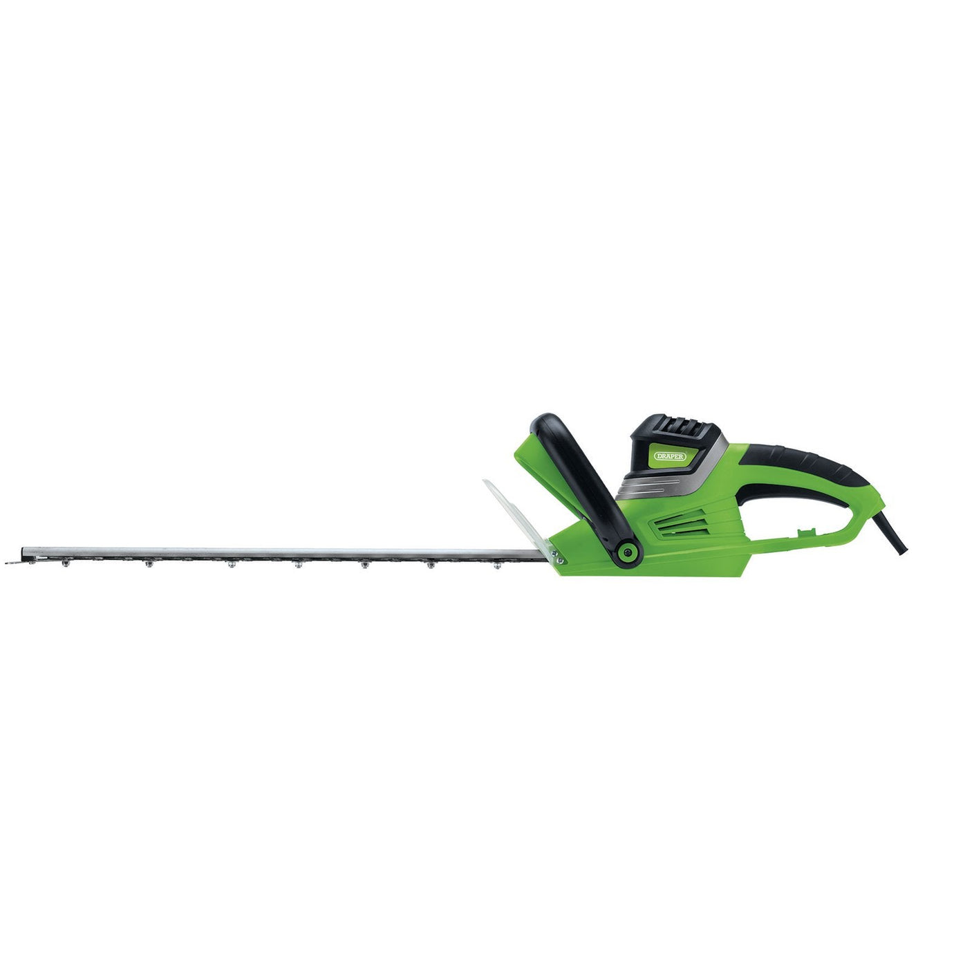 A Draper 230V Hedge Trimmer, model HT510, in green and black, featuring a long 510mm metal blade, an ergonomic soft grip, and double-action blades with a powerful 550W motor.