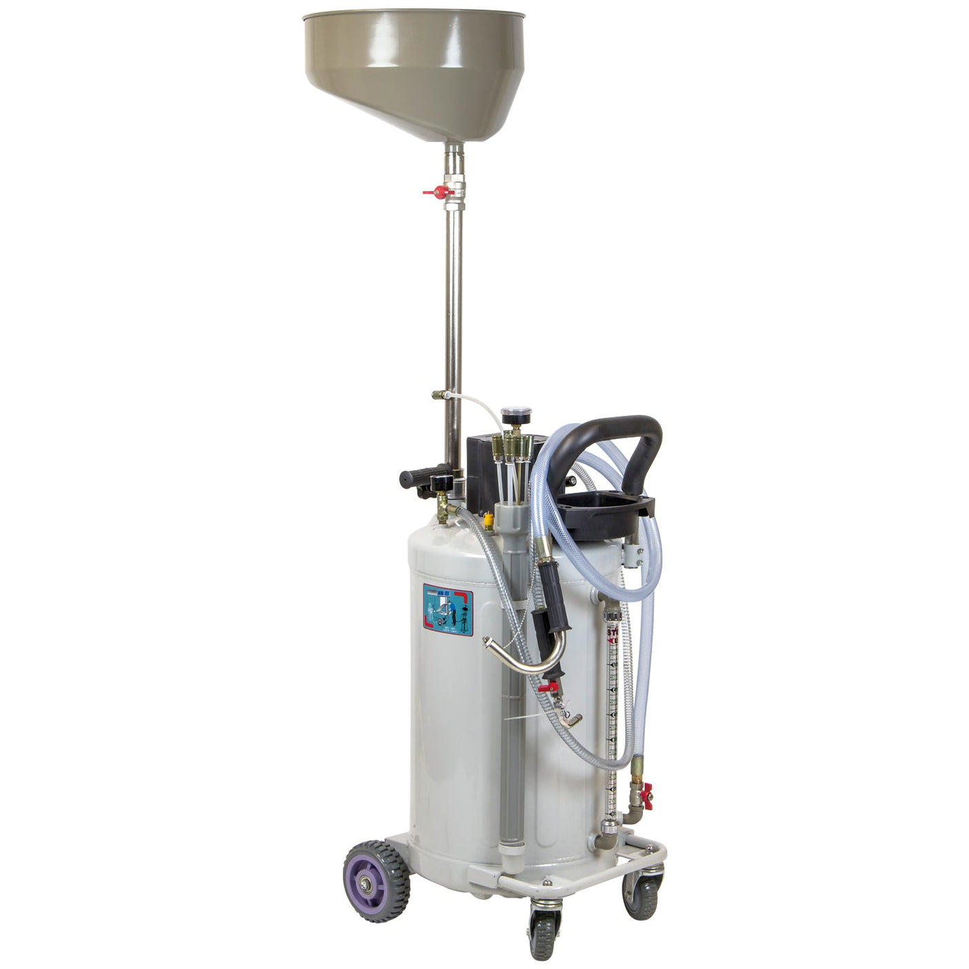 The SIP - 80ltr Suction Oil Drainer (SIP-03711) is a tall, wheeled oil extractor designed specifically for waste oil collection. It features a large funnel on top, multiple hoses, and an attached pressure gauge, making it ideal automotive garage equipment for efficient servicing needs.