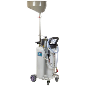 The SIP - 80ltr Suction Oil Drainer (SIP-03711) is a tall, wheeled oil extractor designed specifically for waste oil collection. It features a large funnel on top, multiple hoses, and an attached pressure gauge, making it ideal automotive garage equipment for efficient servicing needs.