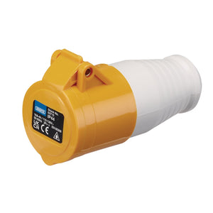 The Draper 110V Site Socket, 16A - 110VSS16 is a yellow and white industrial electrical plug with a cylindrical body. It features an IP44 rating, 110V site socket compatibility, and various certifications marked on the yellow section.