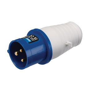 The Draper 230V Site Plug, 16A - 230VSP16 is a heavy-duty, blue and white three-pronged electrical plug connector with an IP44 rating, designed for industrial or commercial power connections.