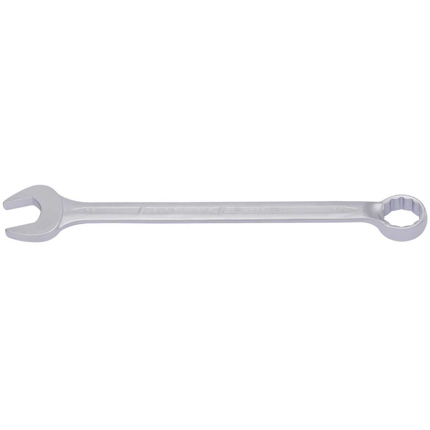 The Draper Elora Long Combination Spanner, 36mm - 205-36, a high-quality tool made of chrome vanadium steel, features an open end on one side and a bi-hexagon ring on the other, isolated on a white background.