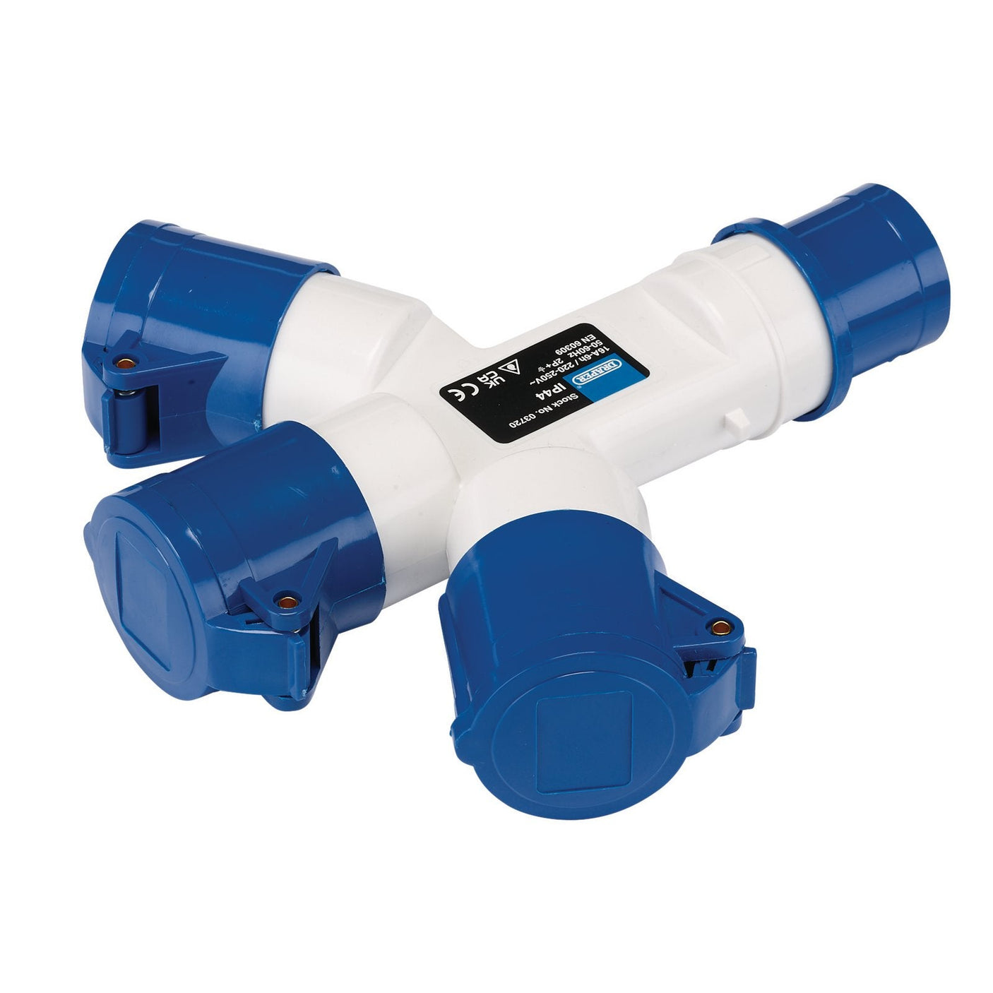 Introducing the Draper 230V 3-Way Splitter, 16A - 230VSSP16, a white and blue heavy-duty splitter featuring three socket outlets and a central connector. This robust device is designed to efficiently distribute power from one source to multiple devices, making it ideal for construction sites.