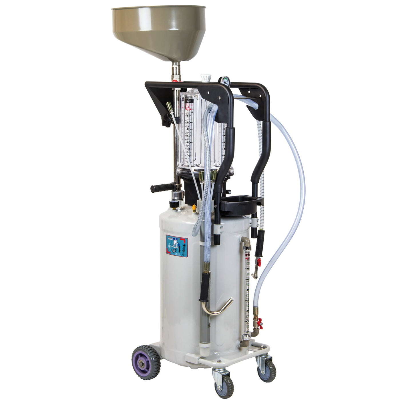 Introducing the SIP - 80ltr Suction Oil Drainer w/ Chamber (SIP-03722) from SIP, featuring a large funnel on top, transparent metering tubes, hoses, and a storage container on wheels for easy mobility. This oil drainer is ideal for waste oil collection in automotive garages.