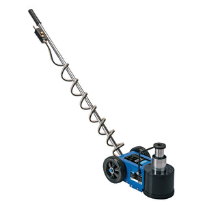 Introducing the Draper Pneumatic Jack, 30 Tonne - PJ30P: a powerful and robust pneumatic jack from Draper featuring a long, flexible cable, control handle, and wheels for mobility, along with a safety overload valve for added protection.