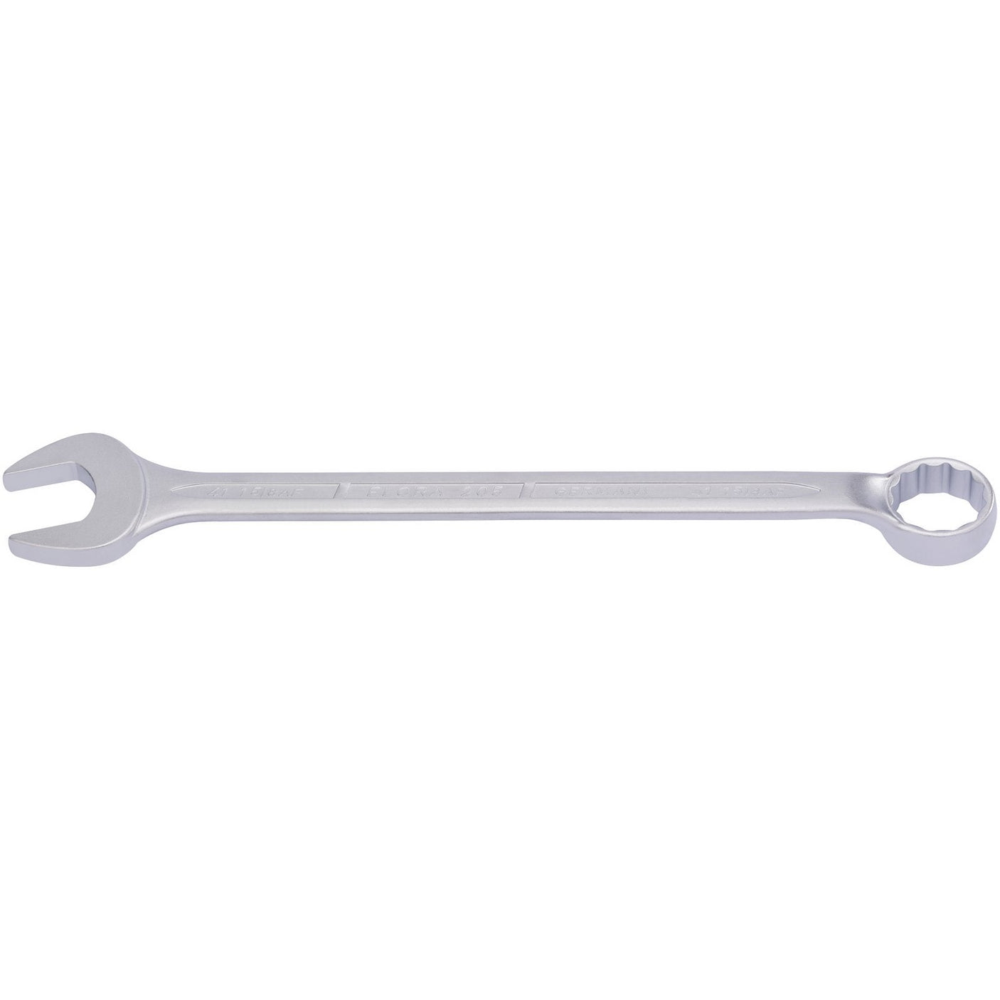 The Draper Elora Long Combination Spanner, 41mm - 1.5/8" - 205-41 / 1.5/8, is a silver combination wrench featuring an open-end on one side and a box-end on the other, designed for tightening and loosening nuts and bolts. Crafted from forged chrome vanadium steel, it meets DIN 3113 standards and includes corrosion protection for enhanced durability.