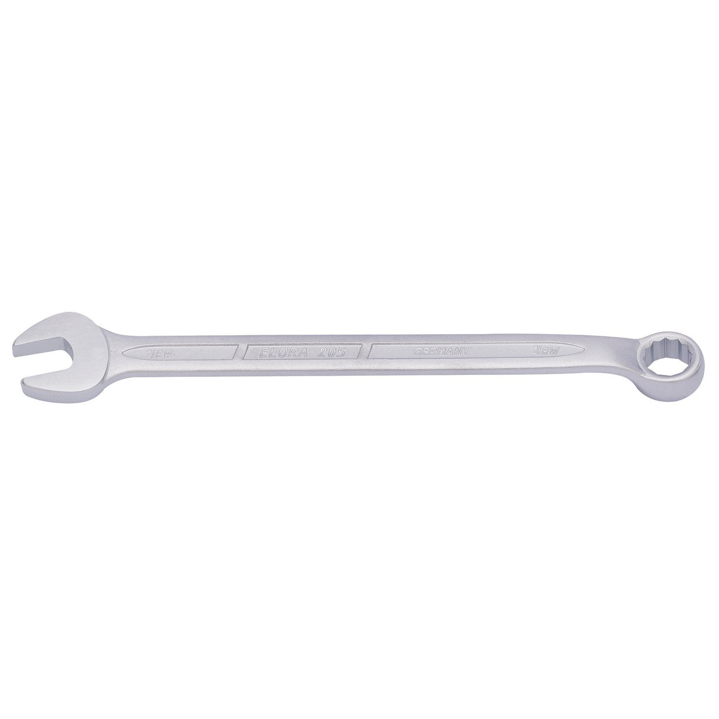 The Draper Elora Long Whitworth Combination Spanner, 1/8" - 205W-1/8 from Draper, is crafted from durable chrome vanadium steel and features an open-end on one side with a Bi-hexagon ring box-end on the other. It is designed for tightening or loosening nuts and bolts to DIN 3113 standards.