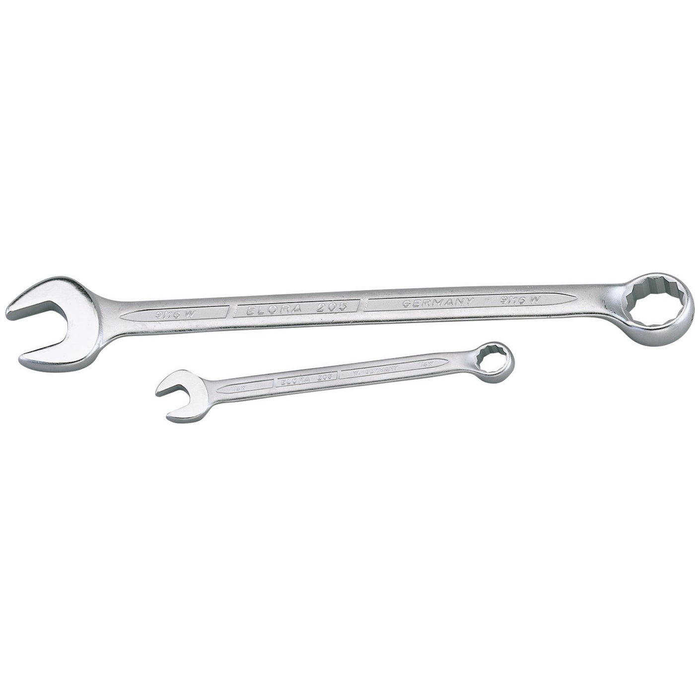 Two Draper Elora Long Whitworth Combination Spanners, crafted from chrome vanadium steel, one larger and one smaller, each featuring an open-end and a Bi-hexagon ring box-end, laying side by side on a white background.