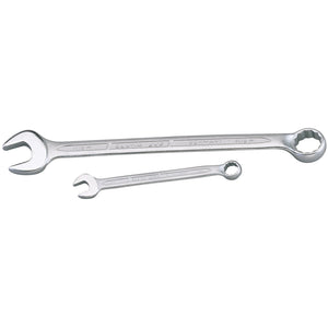 Two Draper Elora Long Whitworth Combination Spanners, crafted from chrome vanadium steel, one larger and one smaller, each featuring an open-end and a Bi-hexagon ring box-end, laying side by side on a white background.