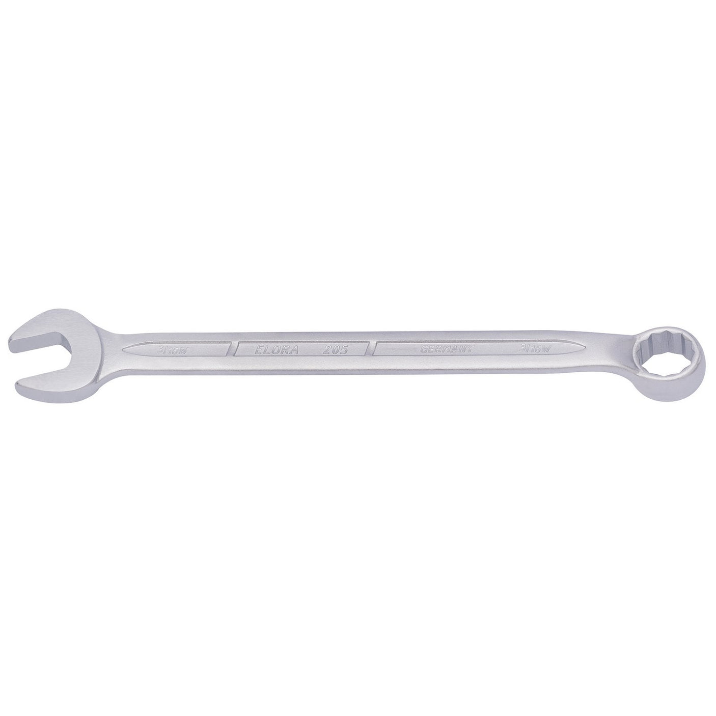 The Draper Elora Long Whitworth Combination Spanner, 3/16" - 205W-3/16 by Draper is a silver tool crafted from chrome vanadium steel featuring an open end on one side and a bi-hexagon ring end on the other, pictured against a white background.