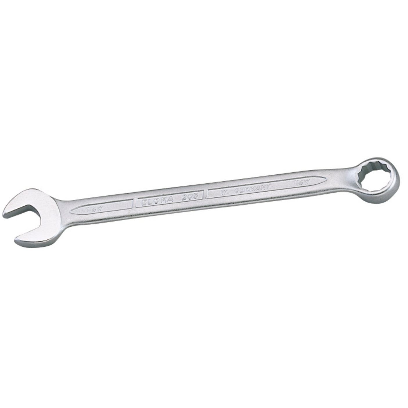 The Draper Elora Long Whitworth Combination Spanner, 1/4" - 205W-1/4, is a silver wrench crafted from durable chrome vanadium steel. It features an open-end and a Bi-hexagon ring box-end, marked with size and brand details.