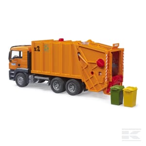 The Bruder MAN TGS Garbage truck (model U03760), crafted at a 1:16 scale, is depicted with its rear hatch open and positioned near a green bin and a yellow bin, ready for trash collection. This model captures intricate details perfectly.