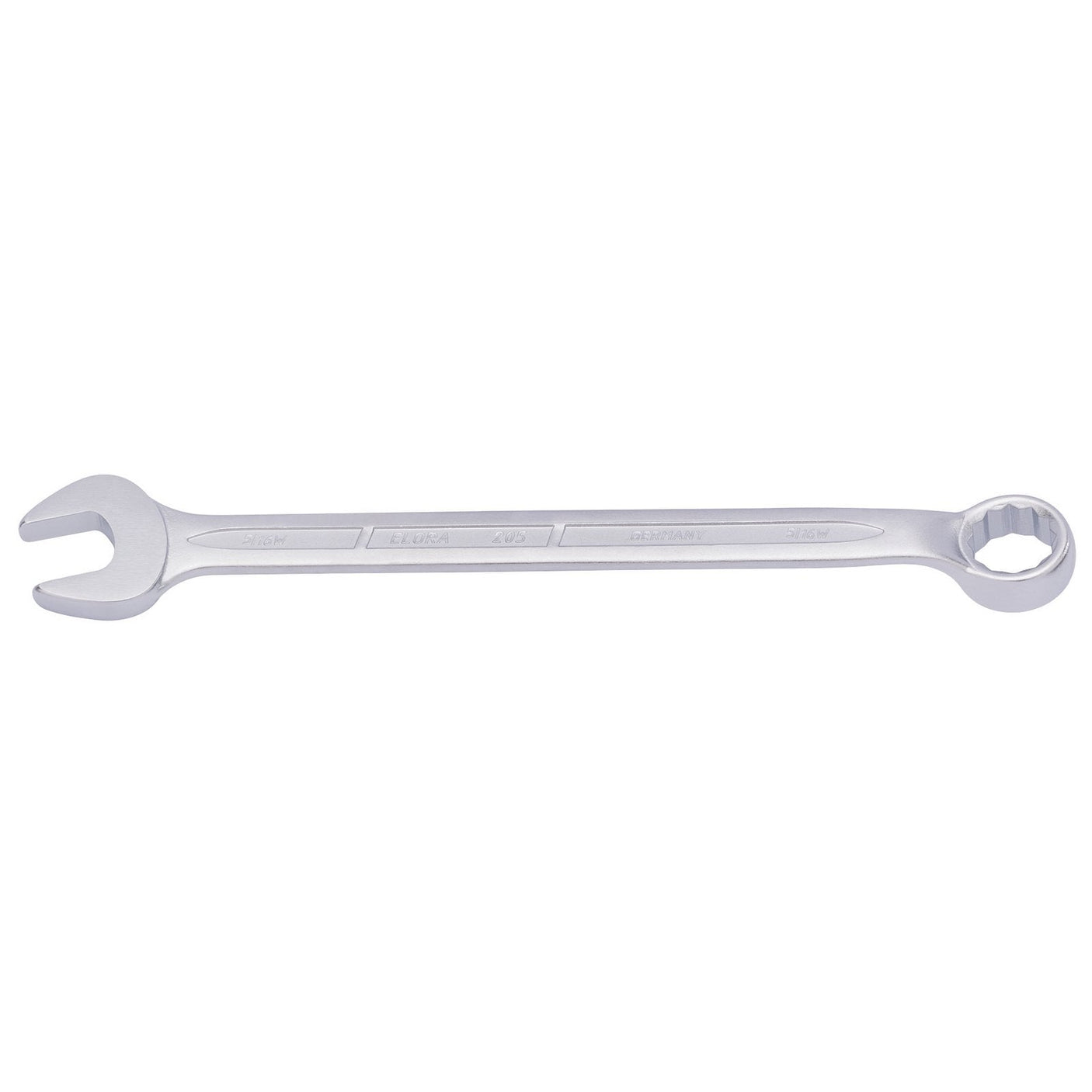 The Draper Elora Long Whitworth Combination Spanner, 5/16" - 205W-5/16 by Draper features a metal combination wrench with an open-end on one side and a bi-hexagon ring on the other, crafted from chrome vanadium steel for enhanced durability and corrosion protection.