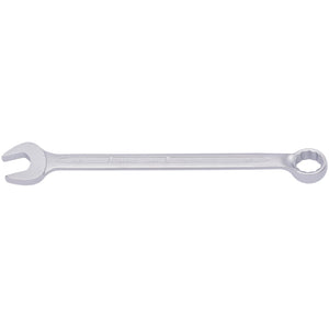 The Draper Elora Long Whitworth Combination Spanner, 1/2" - 205W-1/2, features a silver finish and is crafted from durable chrome vanadium steel. It has an open end on one side and a closed, circular end on the other in a horizontal position, conforming to DIN 3113 standards for exceptional quality and corrosion resistance.