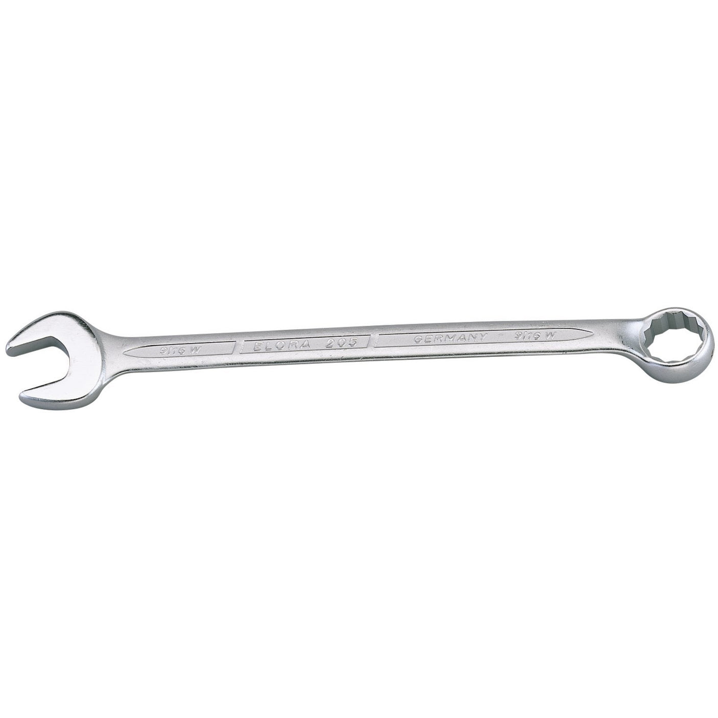 The Draper Elora Long Whitworth Combination Spanner, 9/16" - 205W-9/16, crafted from chrome vanadium steel, features an open-end on one side and a bi-hexagon ring on the other. Designed for tightening or loosening nuts and bolts, it also offers excellent corrosion protection for long-lasting durability.