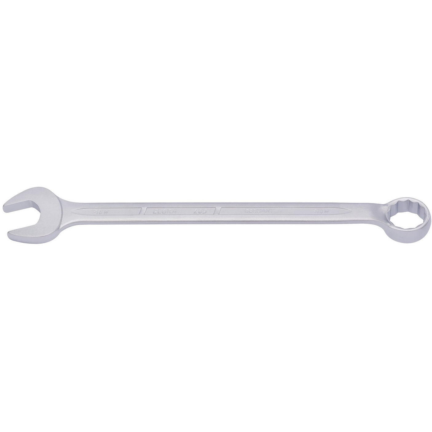 The Draper Elora Long Whitworth Combination Spanner, 5/8" - 205W-5/8, is a silver tool crafted from chrome vanadium steel. It features an open-end on one side and a bi-hexagon ring on the other, complying with DIN 3113 standards. This versatile spanner is ideal for tightening or loosening nuts and bolts.