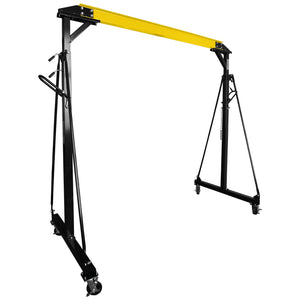 The SIP - 1 TONNE Gantry Crane Frame (SIP-03849) features a yellow horizontal beam, heavy-duty black support frames, and caster wheels. This highly efficient crane from SIP is perfect for lifting and moving heavy loads in versatile industrial applications.