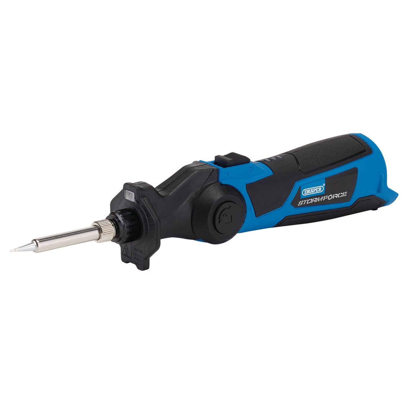 A Draper Storm Force 10.8V SI10.8V cordless soldering iron, featuring a blue and black design with a pointed metal tip and ergonomic handle.