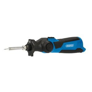 The Draper 12V Soldering Iron (Sold Bare) - SI12V, showcasing the "Draper" logo, comes in blue and black with a pointed tip and an ergonomic handle. It is part of the versatile 12V Power Interchange series.