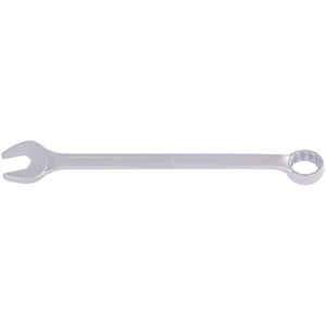 The Draper Elora Long Whitworth Combination Spanner, 15/16" - 205W-15/16, is a silver wrench crafted from durable chrome vanadium steel. It features an open-ended wrench on one side and a Bi-hexagon ring box-end wrench on the other, compliant with DIN 3113 standards.