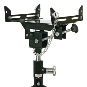 A SIP - Transmission Adaptor (SIP-03869) in black, featuring a safety chain and numerous adjustment knobs and bolts, is displayed; ideal for effortlessly managing vehicle parts.