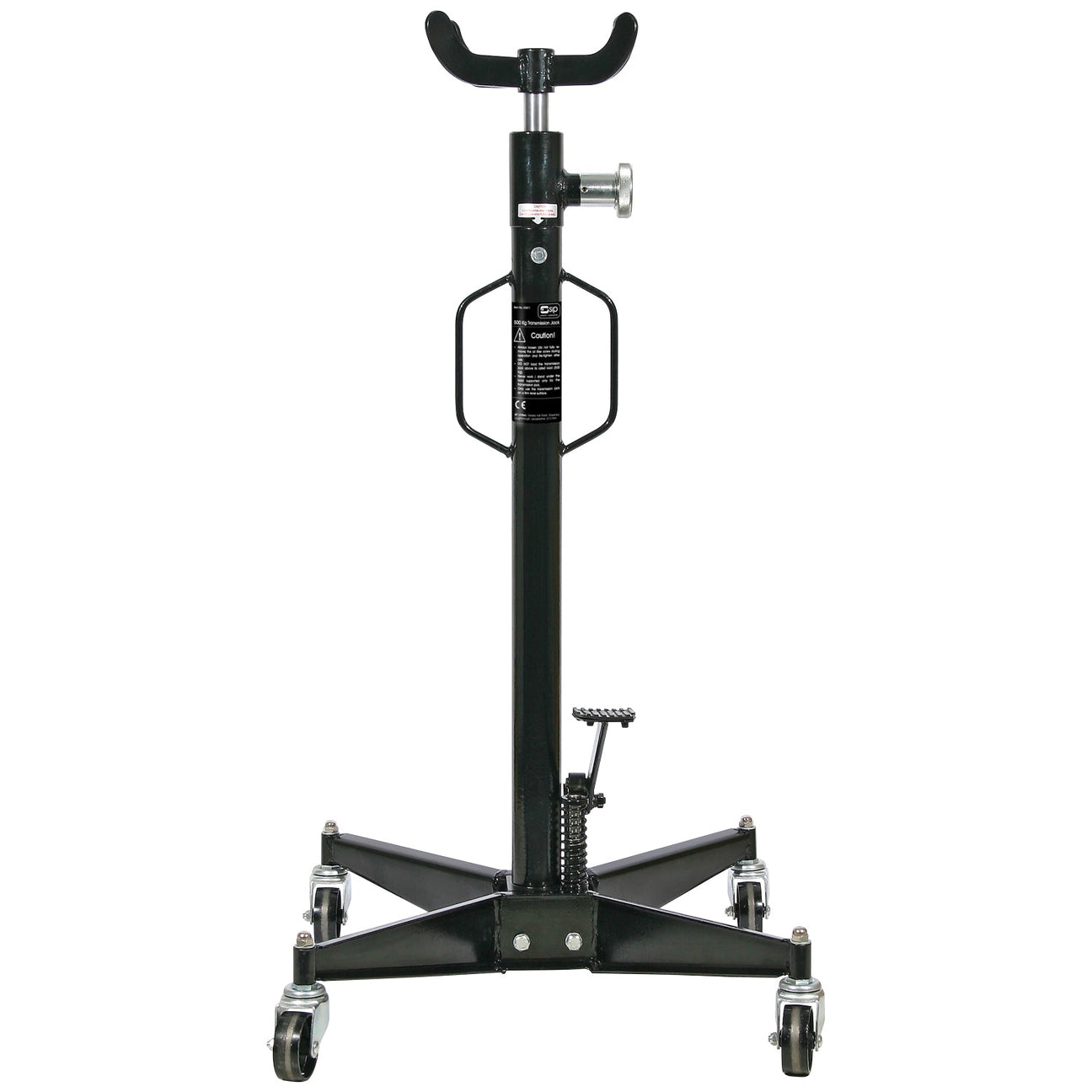 The SIP-03871 black 500kg transmission jack from SIP features a tall vertical post, an adjustable saddle for precision lifting, a pump handle, and wheels for mobility; making it ideal for automotive garages.