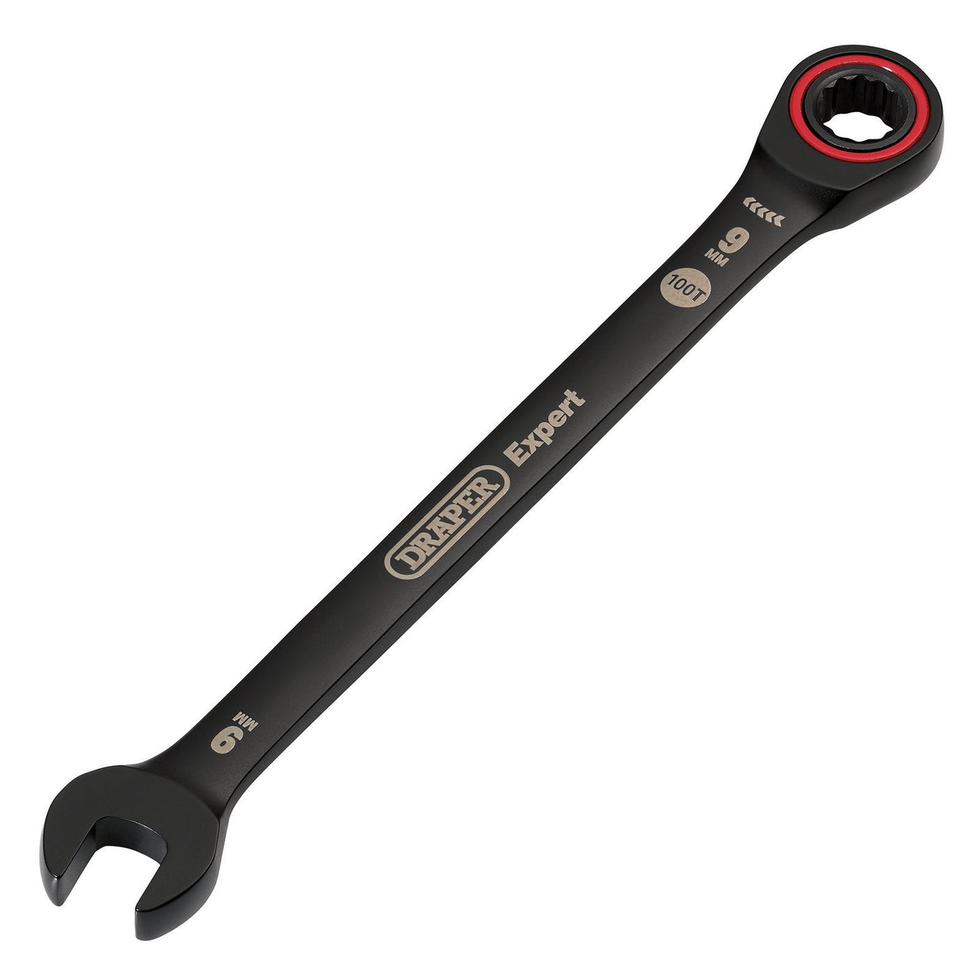 A Draper Expert Hi-Torq® Metric Ratchet Combination Spanner in black, featuring a 9mm size marking. This wrench includes an open end and a 100-tooth ratcheting box end, and it is crafted from chrome vanadium steel. The model number for this specific spanner is 8241MM/BK.