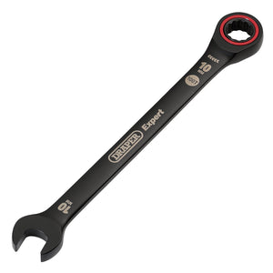 The Draper Expert Hi-Torq® Metric Ratchet Combination Spanner, 10mm, Black - 8241MM/BK, made from chrome vanadium steel, boasts a red-bordered gear ring and an open-ended wrench on one side, labeled "Draper Expert 10 mm".