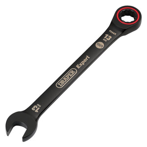 The Draper Expert Hi-Torq® Metric Ratchet Combination Spanner, 13mm, Black - 8241MM/BK features an open-end and a ratcheting box-end design and is crafted from durable chrome vanadium steel for reliable performance.