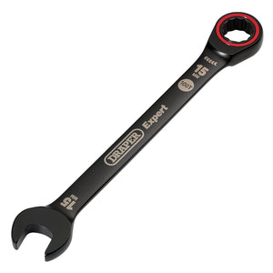 The Draper Expert Hi-Torq® Metric Ratchet Combination Spanner, 15mm in black (model 8241MM/BK), is a durable wrench made from chrome vanadium steel. It features both ring and open ends, with metric size markings and the Draper brand name printed on the handle.