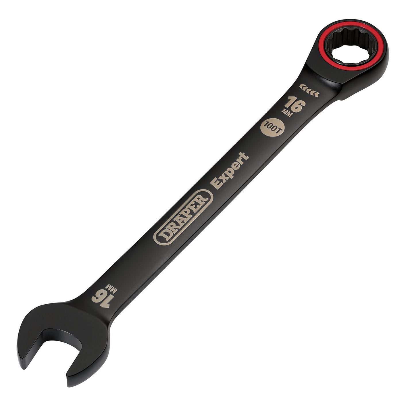 The Draper Expert Hi-Torq® Metric Ratchet Combination Spanner, 16mm, Black - 8241MM/BK, crafted from chrome vanadium steel, features an open end and a 100-tooth ratcheting box end.