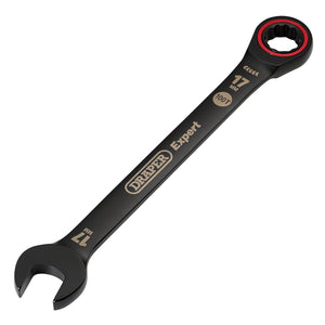 The Draper Expert Hi-Torq® Metric Ratchet Combination Spanner, 17mm, in black (8241MM/BK), is crafted from durable chrome vanadium steel and features an open end along with a 100-tooth ratcheting box end. The handle is marked with the "DRAPER Expert" text.