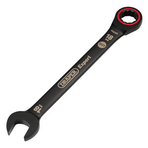 The Draper Expert Hi-Torq® Metric Ratchet Combination Spanner, 18mm, Black - 8241MM/BK features an open-end and a ratchet ring on either side, crafted from durable chrome vanadium steel.