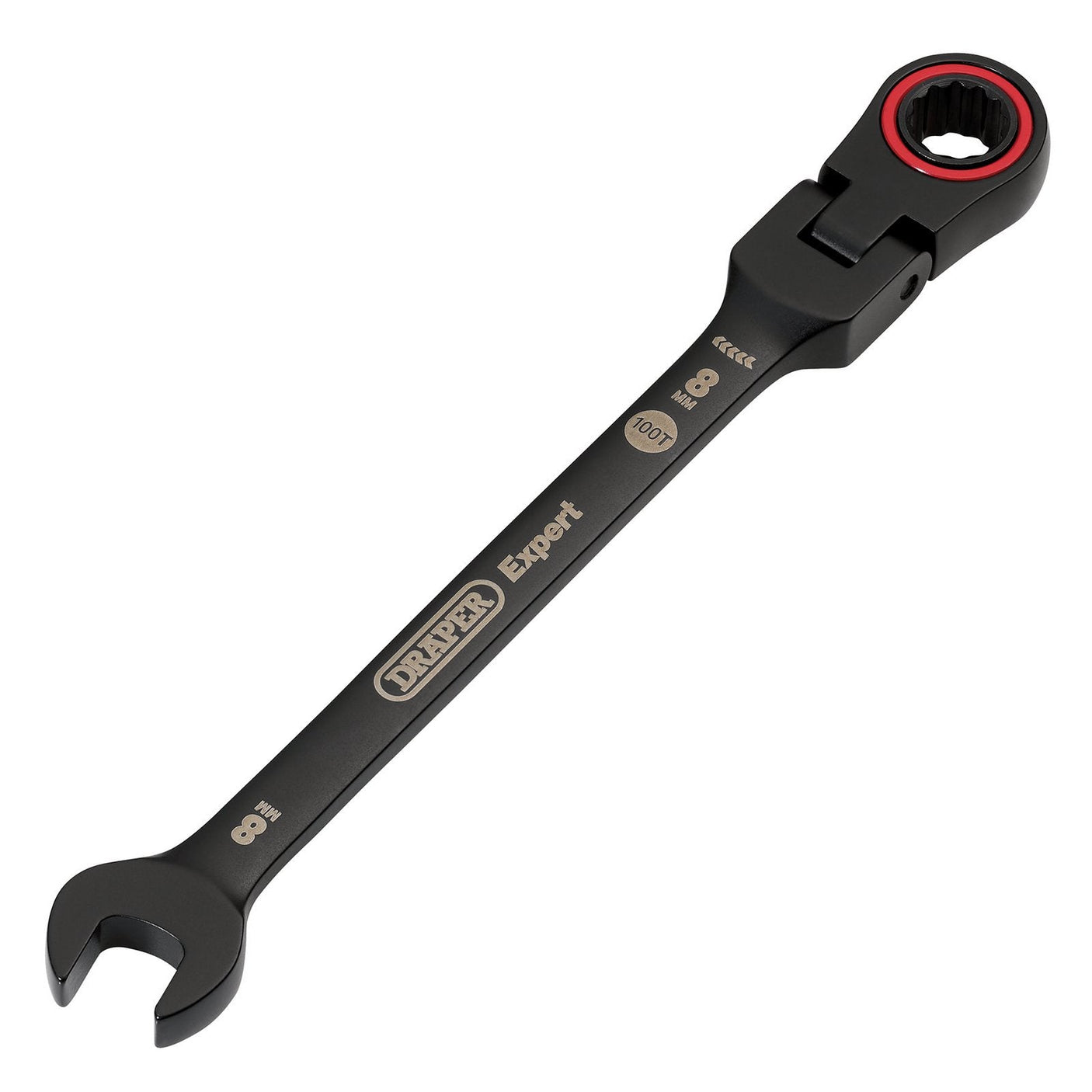 A black Draper Expert Hi-Torq® Metric Flexible Head Ratchet Combination Spanner, featuring a ratcheting ring on one end and an open-ended spanner on the other. The spanner, crafted from chrome vanadium steel, is labeled "Draper" with "8mm" indicated on its side.