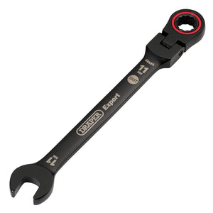 A Draper Expert Hi-Torq® Metric Flexible Head Ratchet Combination Spanner, 11mm, Black - 8241FMM/BK is crafted from durable chrome vanadium steel and features both an open end and a ring end with a rotating mechanism.