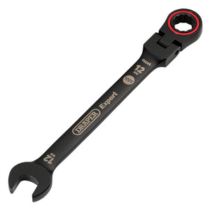 A Draper Expert Hi-Torq® Metric Flexible Head Ratchet Combination Spanner, 12mm, Black - 8241FMM/BK features an open-end on one side and a ratcheting box-end on the other, designed with corrosion protection for durability.