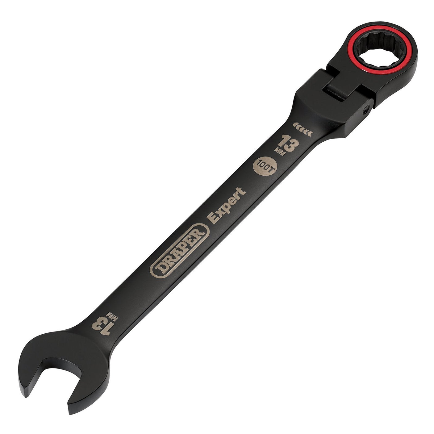 A black Draper Expert Hi-Torq® Metric Flexible Head Ratchet Combination Spanner, model 8241FMM/BK, with a 13mm open end and a ratcheting box end head. The tool features 100-position ratcheting, chrome vanadium steel construction, and a 13mm marking on the handle.