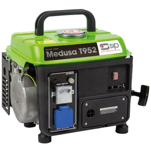 A compact SIP Medusa T952 portable generator, model IP-03920, in green and black, featuring control dials, switches, and a pull-start handle.