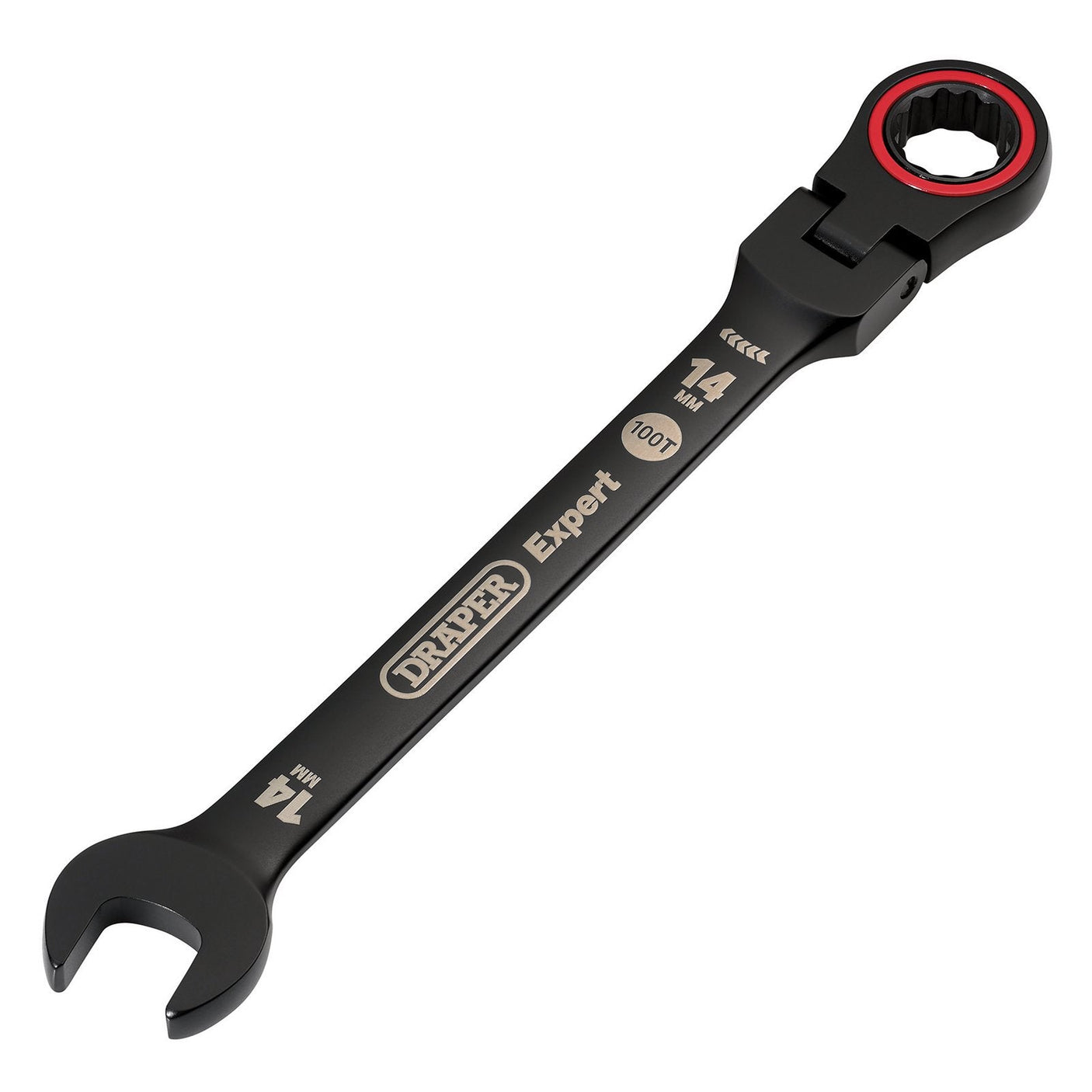 A 14mm Draper Expert Hi-Torq® Metric Flexible Head Ratchet Combination Spanner, model 8241FMM/BK, in black. This tool is made from hardened and tempered chrome vanadium steel and features an open-ended spanner on one side with a ring ratchet on the other for superior performance.